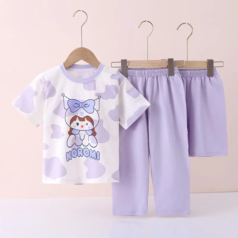 

Хлопковая футболка Sanrio для девочек, костюм Kawaii Hello Kitty с аниме-узором, летняя детская новая домашняя куртка для отдыха, модный костюм-тройка
