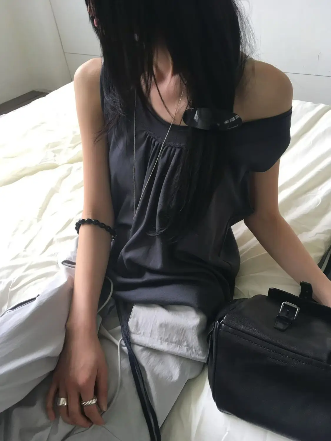 Summer 2026 Korean Style Lazy Pure Color Drawstring Sleeveless T-Shirt Large round Neck Can Show Shoulder Vest Women Casual Wear