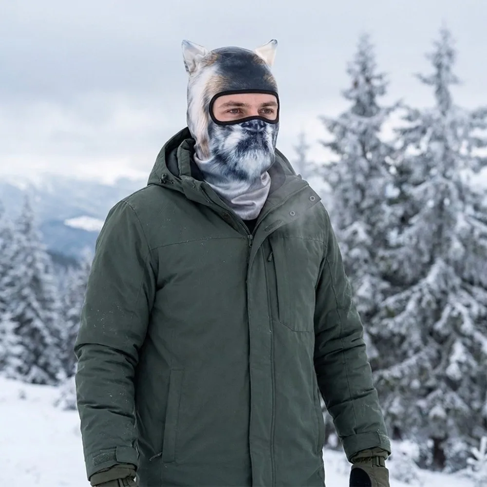 Windproof Cycling Balaclava Hat Thick Lined Machine Washable Neck Warmer Elastic 2D Flat Animal Pattern Sports Headwear Skiing