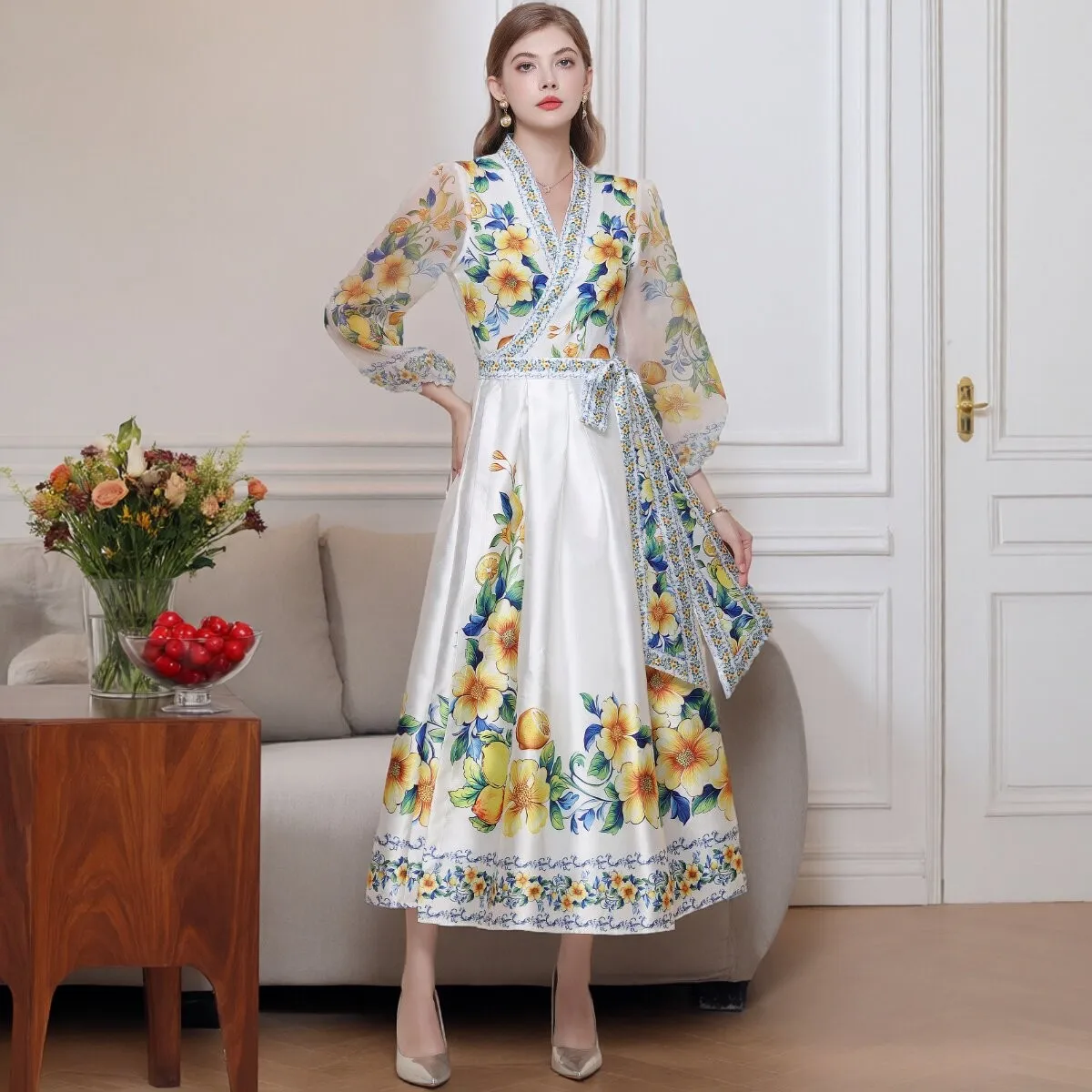 Elegant European Court Style Floral Print Maxi Dress Women's V-Neck Lantern Sleeve Waist Cinched Fairy Long Skirt