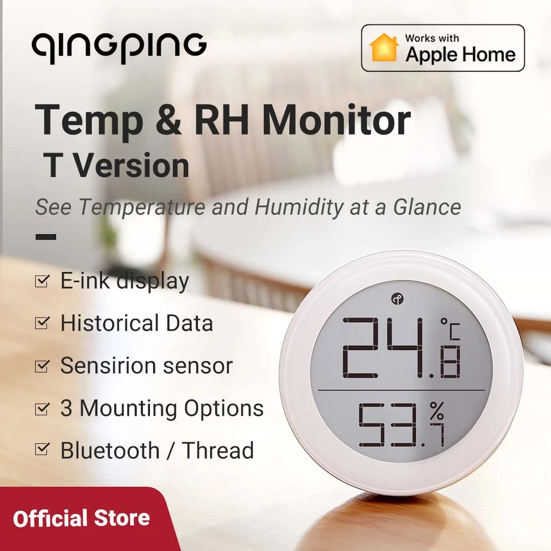 Qingping Thermometer Hygrometer Sensor via Thread or Bluetooth, Wireless Indoor TH Monitor with E Ink Display for Home, Only IOS