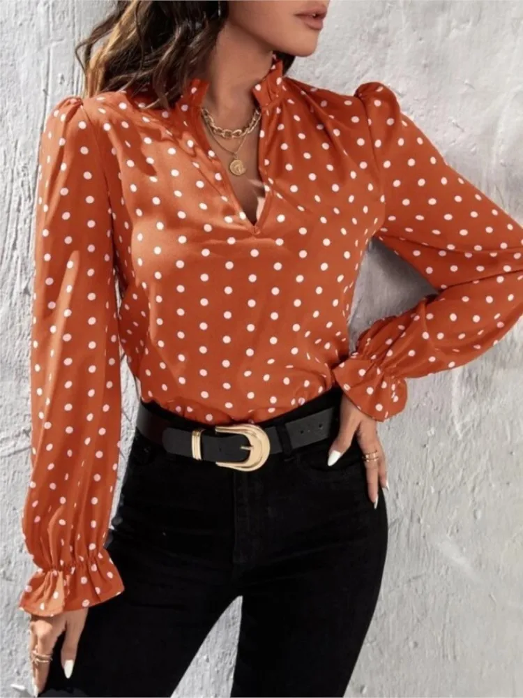 

Summer New Arrival Leisure Fashion Top Women's Elegant Style V-neck Polka Dot Long Sleeved Casual Chiffon Shirt Female Clothing