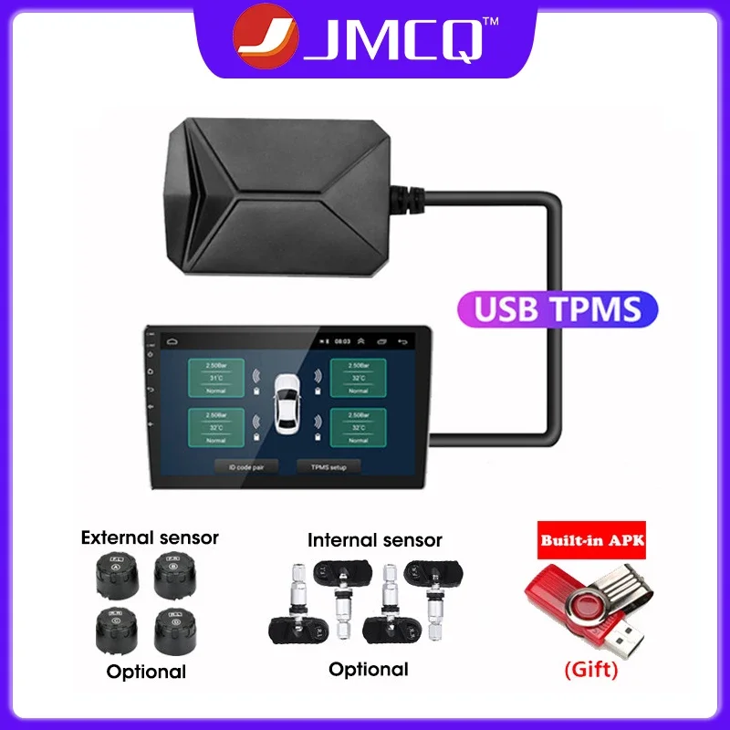 JMCQ USB 안드로이드 TPMS 타이어 압력 모니터링 시스템 디스플레이 4 센서, 안드로이드 자동차 DVD 라디오 멀티미디어 플레이어