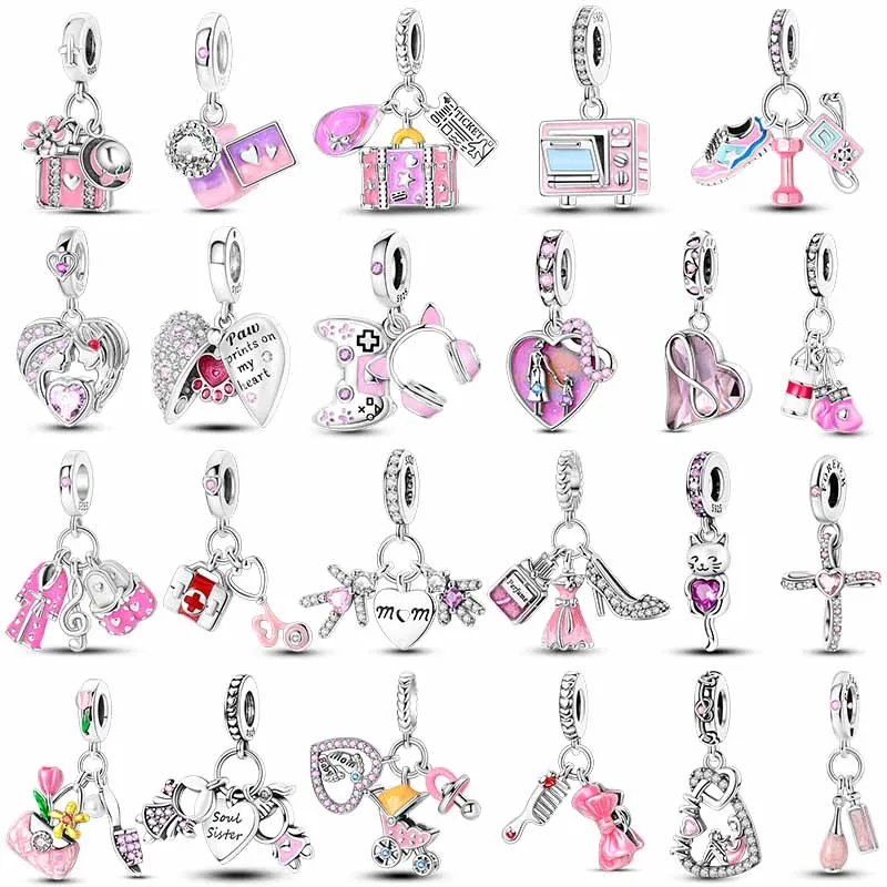 Charms Plata De Ley 925 Pink Color Series Charms Pink Heart Earphones Bead of Original Fits Women Anniversary DIY Jewelry Charms