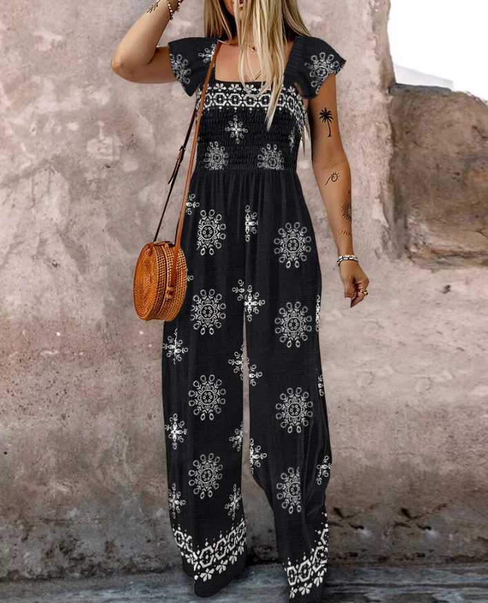 Lotus Leaf Edge Decoration Lace Up Square Neck Shirt Jumpsuit Casual Pocket Design Women's Summer High Waisted Jumpsuit