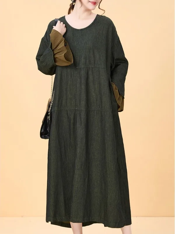 Herbst Winter Lose Sle Casual Faion Abnehmen Versteckte Fleisch Große Größe frauen Dr Reine Farbe Einfache Europäische Design