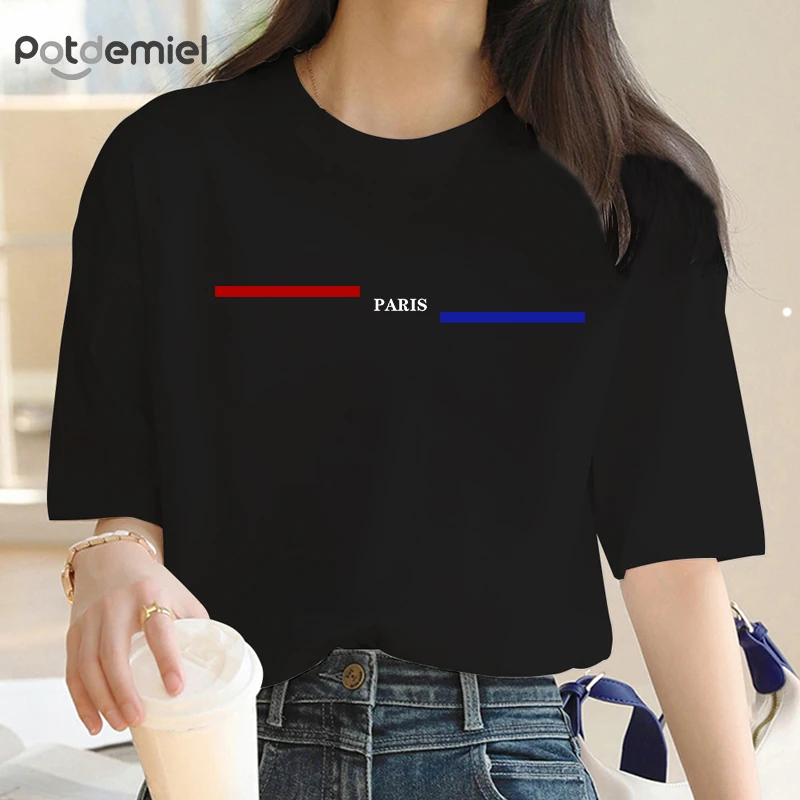 Red and blue stripes Paris Print Cartoon Women Fashion Clothes T Shirt Short Sleeve Summer Top Basic Tee Graphic T-shirt S-5XL