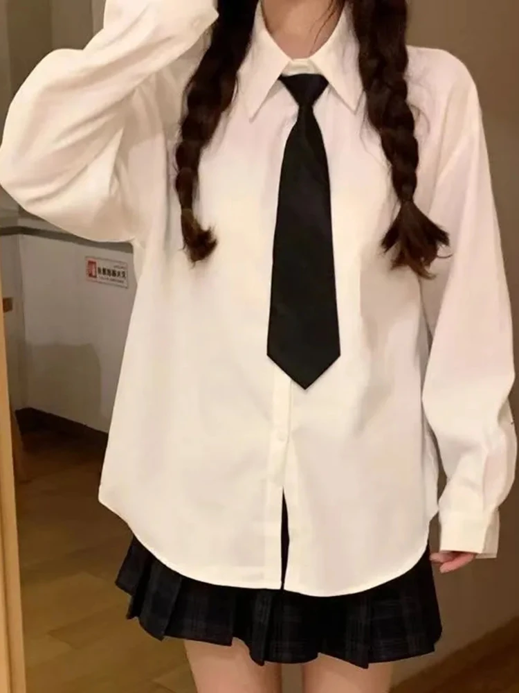 

White Jk Women Shirt Tie Preppy Simple All Match Fall Loose Long Sleeve Blouse Daily Casual Fashion Japanese Uniform New Tops