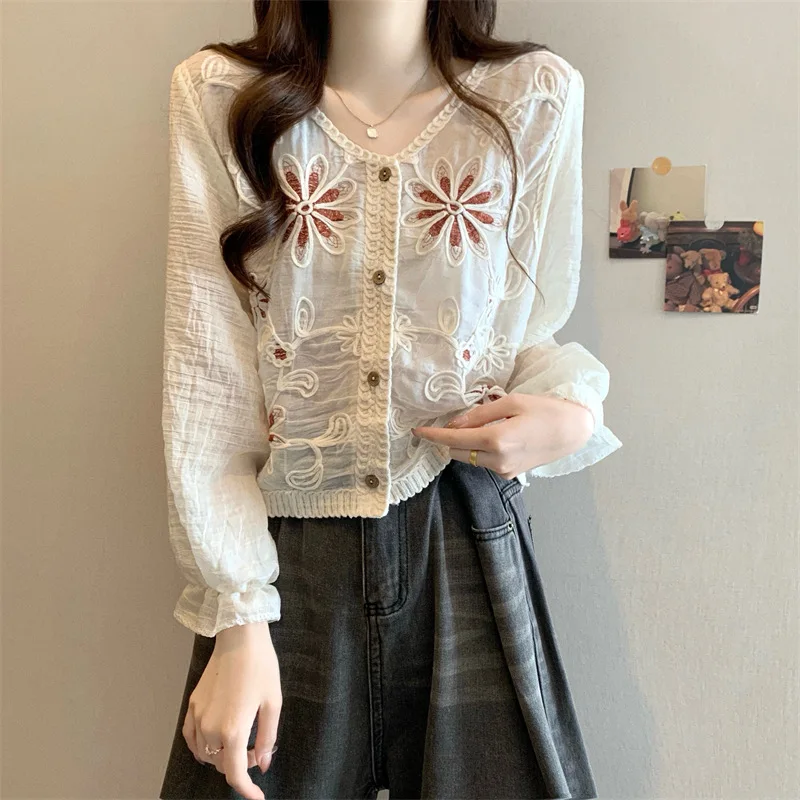 Boring Honey Autumn Vintage Sweet Literary Style T-Shirt V-Neck Sense of Design Tops Women Thin All-Match Long Sleeve T-Shirt