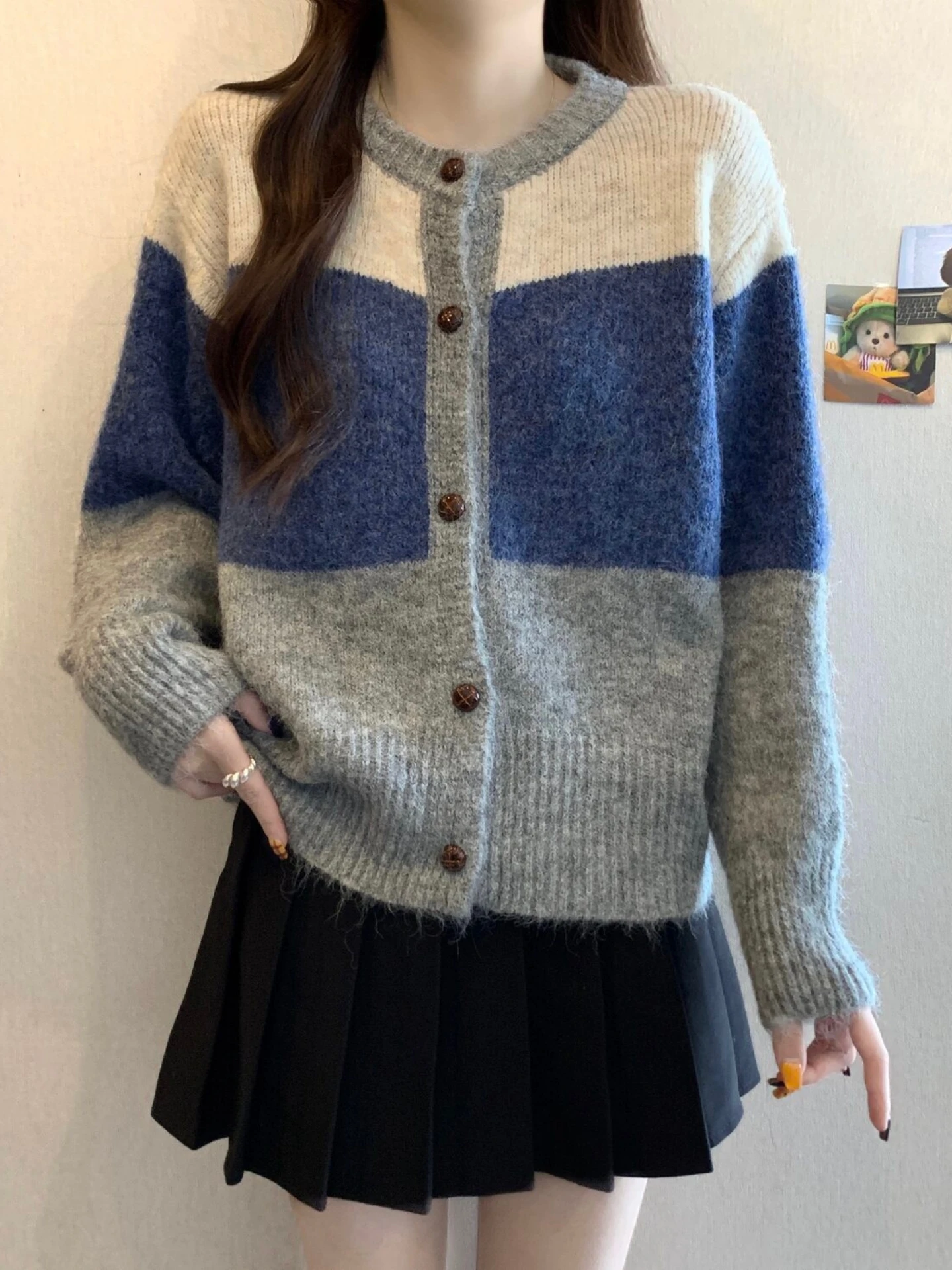 

Color Block Knitted Open Cardigan Sweater Women's Spring Autumn plus Size Slimming Stylish Korean Loose Fit Long Sleeve