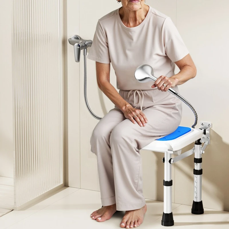 Wall Mounted Foldable Shower Chair Non Drilling Four Leg Support Non Slip Bath Seat For Elderly Bathroom Bathing Aids Chair