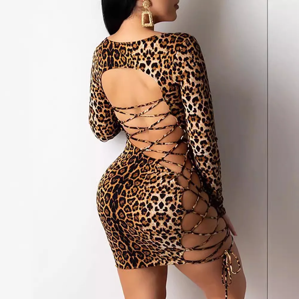 Hot-selling European and American Super Nightclub Leopard Print Backless Lace-up Hip Short Dress Maxi Dresses for Women
