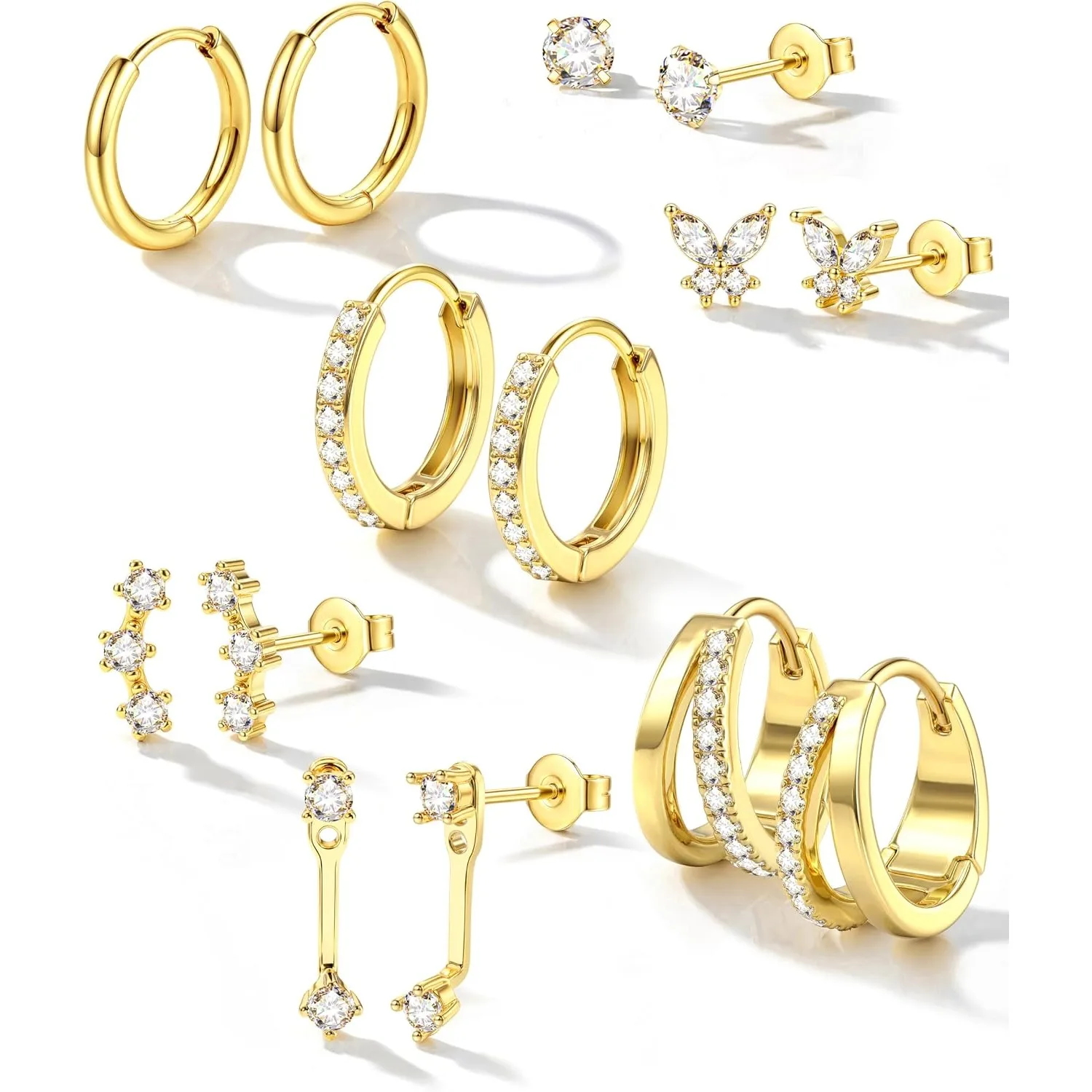 Florideco 7 Pairs Hypoallergenic Gold Plated Earrings for Women Trendy Stud Hoop Earing Stacks Set Cute Cartilage Helix Jewelry