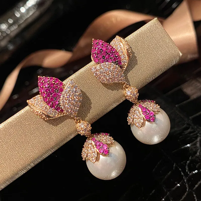 

Rose red zircon leaf pearl colorful exquisite long earrings