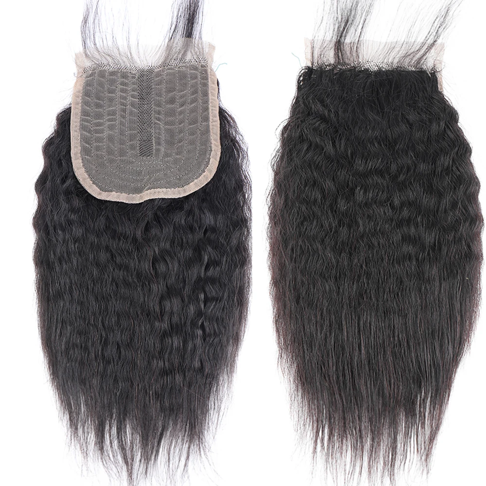 Cheap Kinky Straight Lace Closure Only Natural Black 4x4 12Inch Yaki Straight Curl 100% Brazilian Lace Closure Only for Women