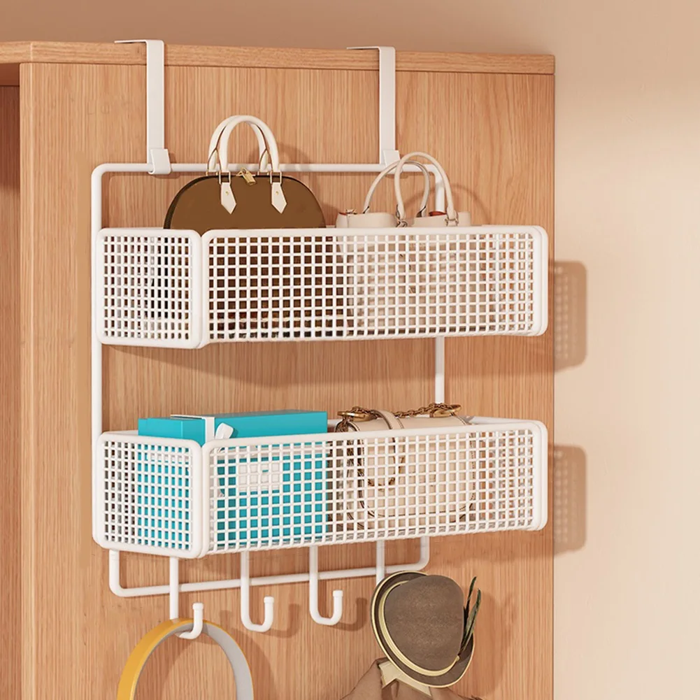 

AT05-Multi-Functional Hanging Basket Clothes Hat Organizer Over The Door Hooks Bedroom Floor Standing Storage