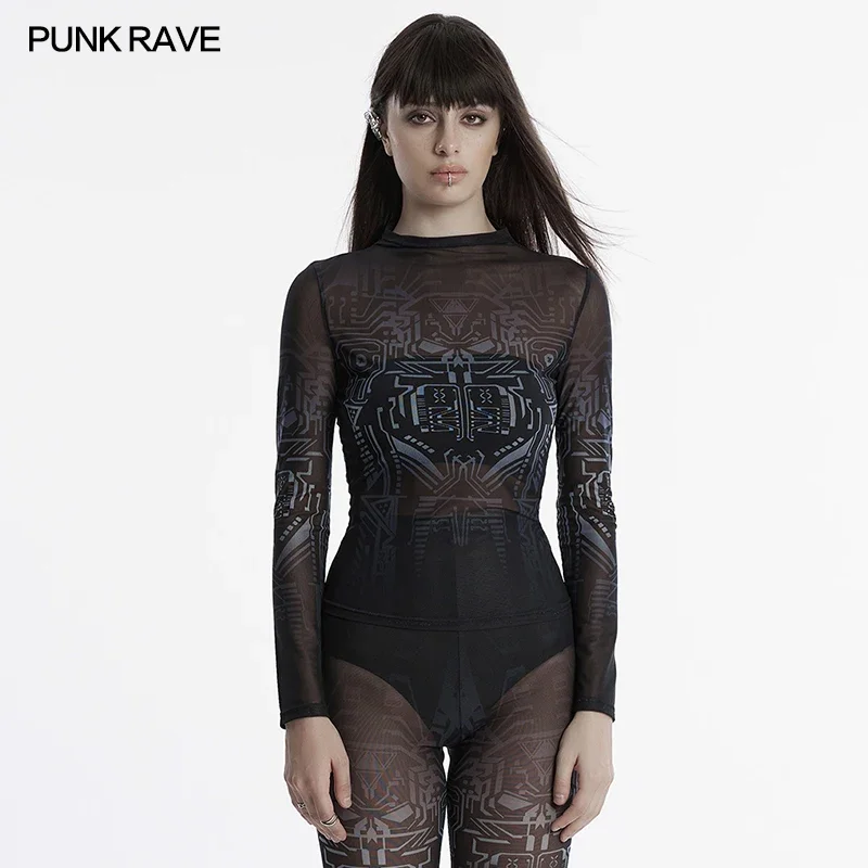 

PUNK RAVE Women's Cyber Punk Skull Futuristic Mechanical Gradient Printed T-shirt Daily Simple Slim Stand Up Collar Tops