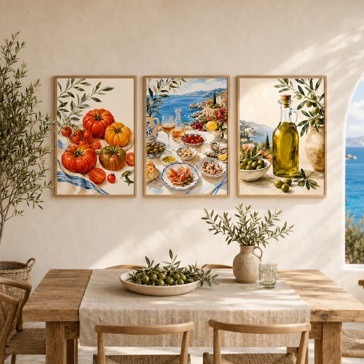 3PCS Mediterranean Style, Warm Scene of Tomato Coast and Olive, Canvas Printed Poster, Suitable for Home Kitchen Wall Decoration