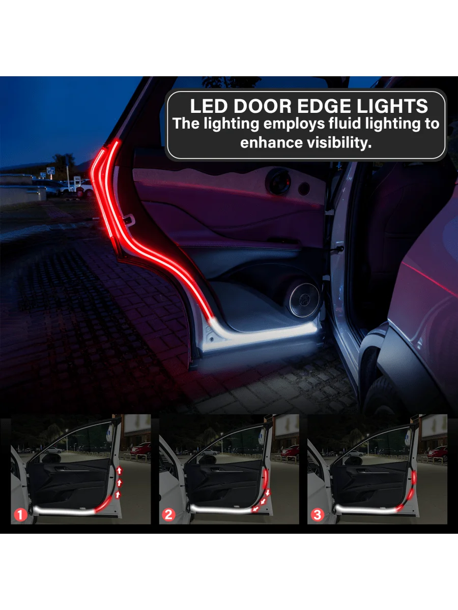 1 Pair 47.24 Inch LED Door Side Lights - Warning Lights With 3 Modes (White/Red Flashing, Breathing, Strobe), DC12V Adhesive