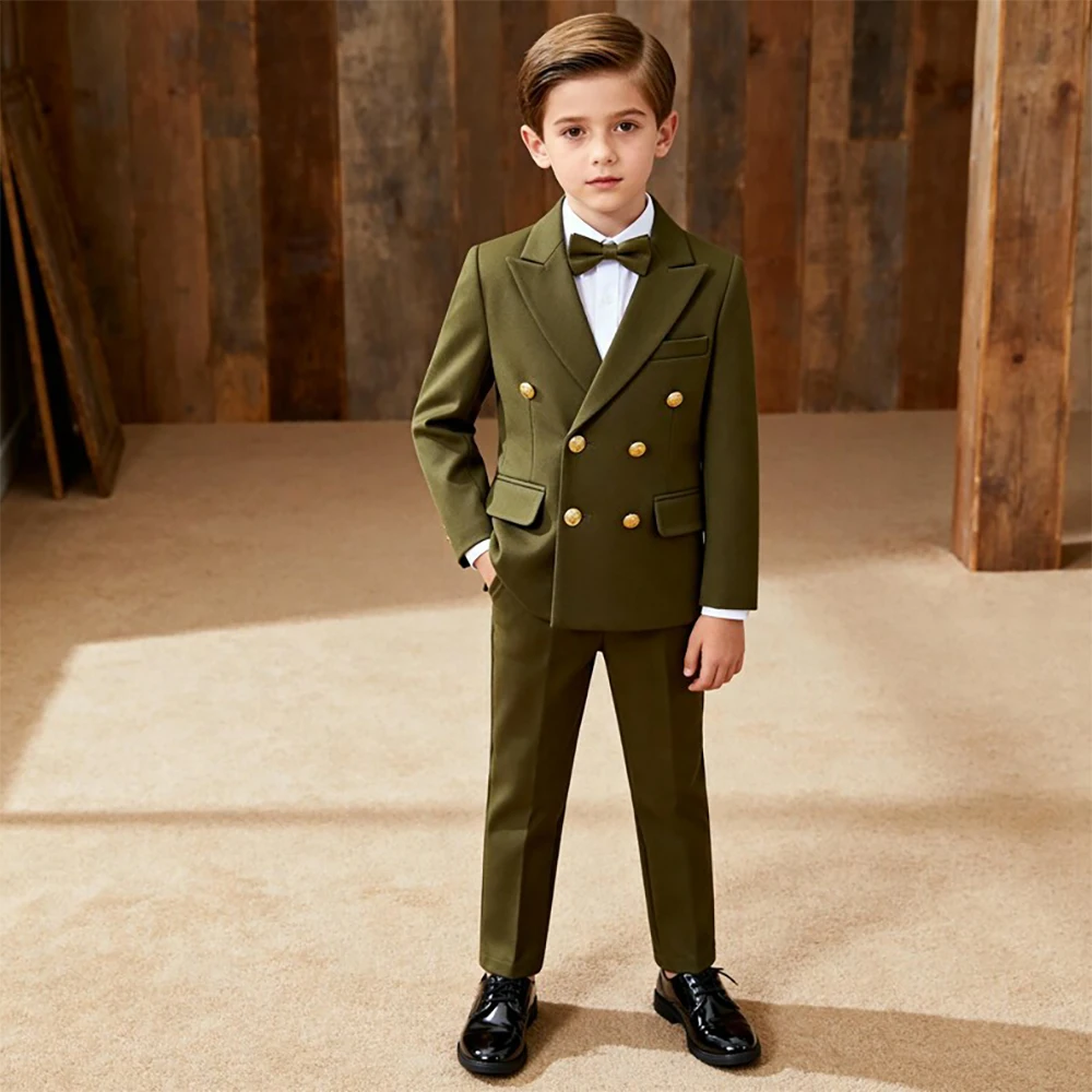 

Customzied Boy's Clothing Elegant Wedding Double Breasted Peak Lapel 2 Piece Jacket Pants Kids Outfits Luxury Wedding Full Sets