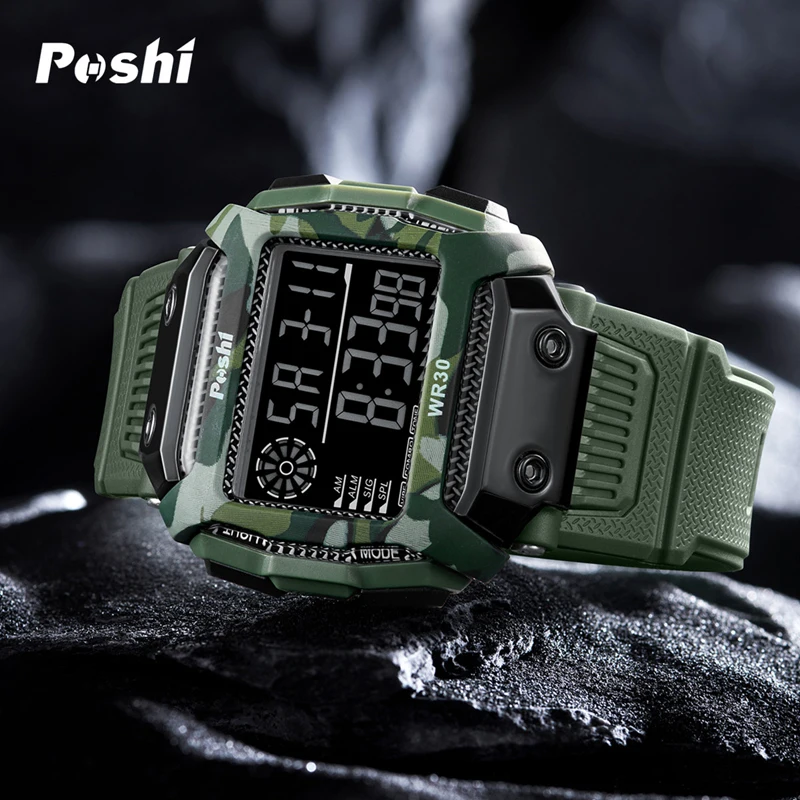 POSHI Man Digital Watch Luxury Outdoor Sport Wristwatch Stopwatch Calendar Luminous Electronic Clock 30M Waterproof