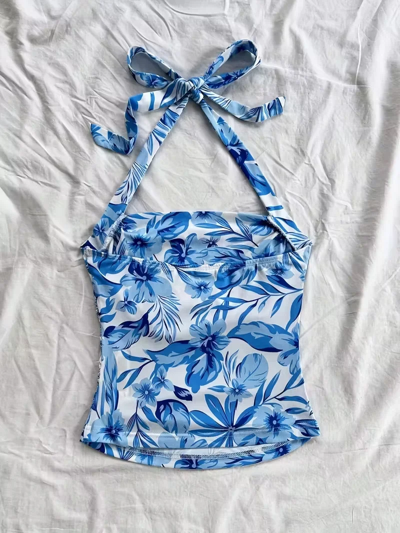 Cropped Top, Women's Vacation Open Collar Blue and White Printed Pleated Lace Up Backless Vest