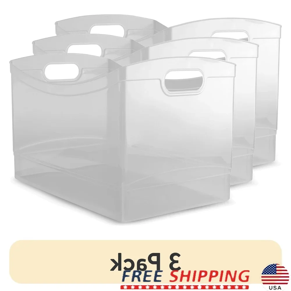 

Clear Plastic Utility Storage Organizer Bin Set of 3 with Handles Open Top Design Office Supplies Household Items Kitchen Closet