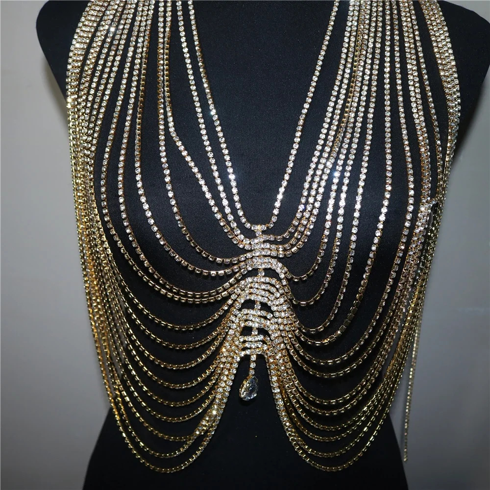 2022 جديد كريستال شرابة قطرة قلادة أعلى الجسم سلسلة الصدرية للنساء الفاخرة حجر الراين الجسم Bralette الصدر سلسلة بيكيني مجوهرات