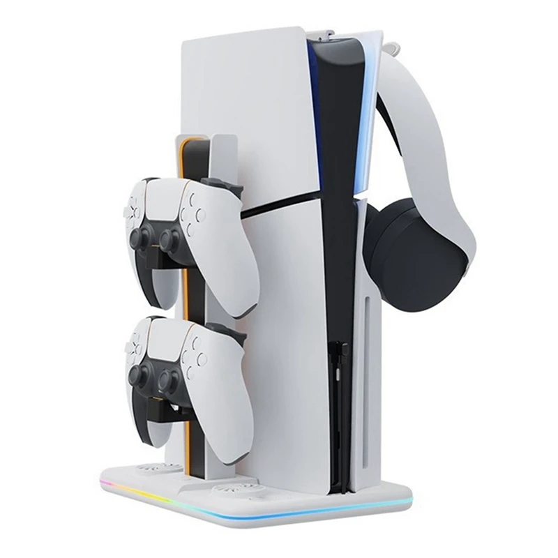 قاعدة تبريد لقاعدة تبريد المضيف النحيفة PS5 مع أضواء ملونة RGB مقبض شاحن عمودي شماعة تخزين سماعة الرأس