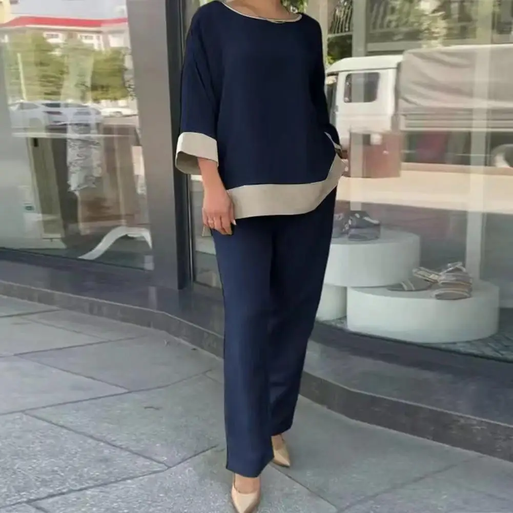 

Wide Leg Trousers Set Stylish Women's 2-piece Set Contrast Color T-shirt Elastic Waist Wide Leg Trousers Casual Loose Blouse