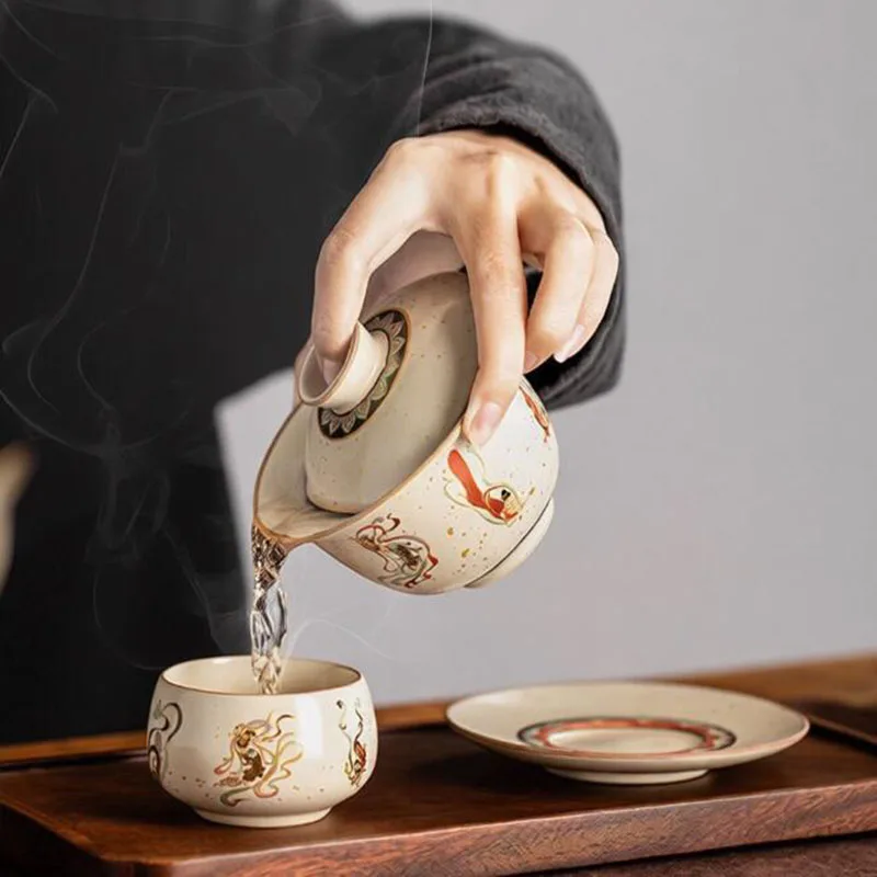 Chinese Style Porcelain Tea Tureen Kungfu Tea Set Dunhuan Sancai Gaiwan Tea Cup Drinking Set