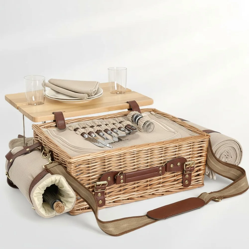 

Insulated Picnic Basket Set for 2 with Table & Blanket, Portable Outdoor Camping Gear for Couples Romantic Dates