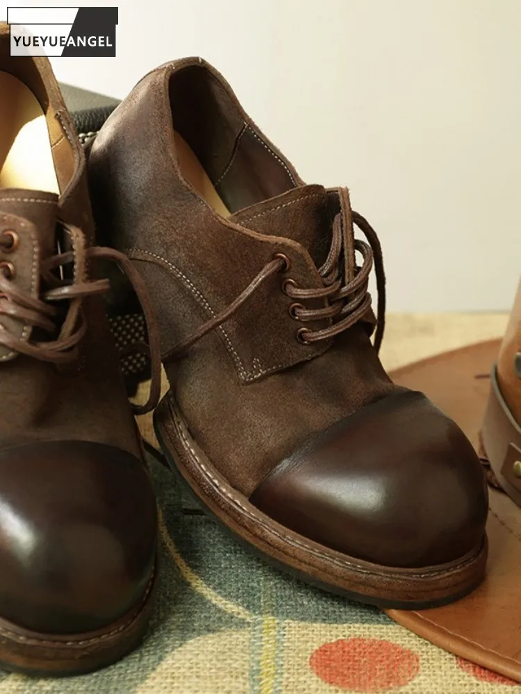 Retro Genuine Leather Platform Round Toe Men Casual Shoes Comfortable Horsehide Mid Heel Solid Color Lace-Up Handmade Sneakers