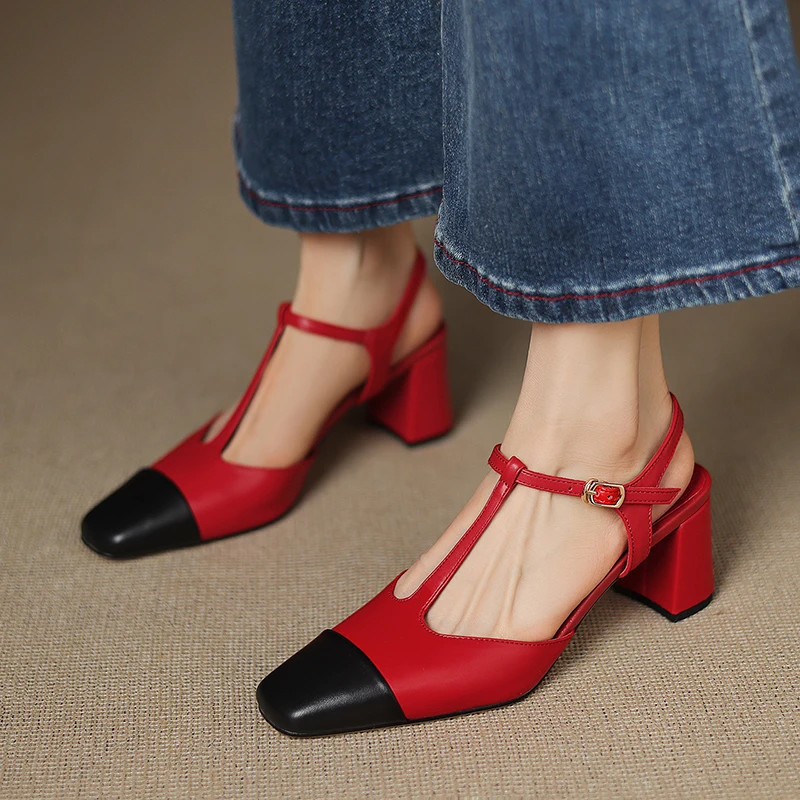 2025 Womens Summer Footwear Mixed Colors High Heels Shoes for Woman Genuine Leather Square Toe Casual Shoes Woman Office Pumps