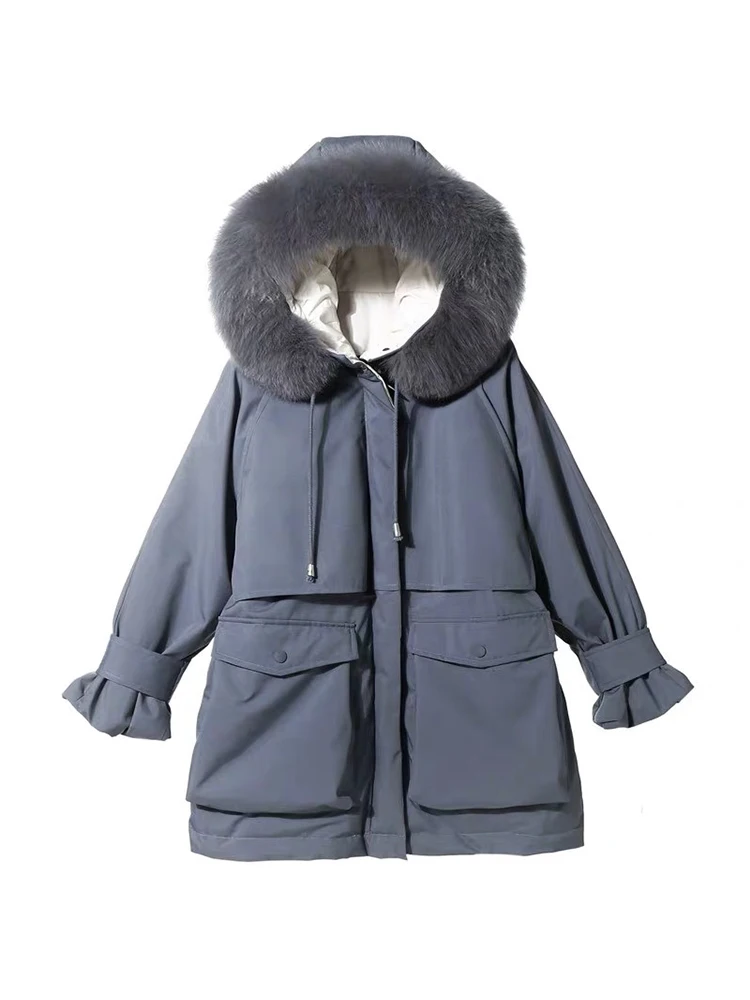 Fitaylor Large Natural Fox Fur Hooded Winter Jacket Women 90% White Duck Down Thick Parkas Warm Sash Tie Up Snow Coat