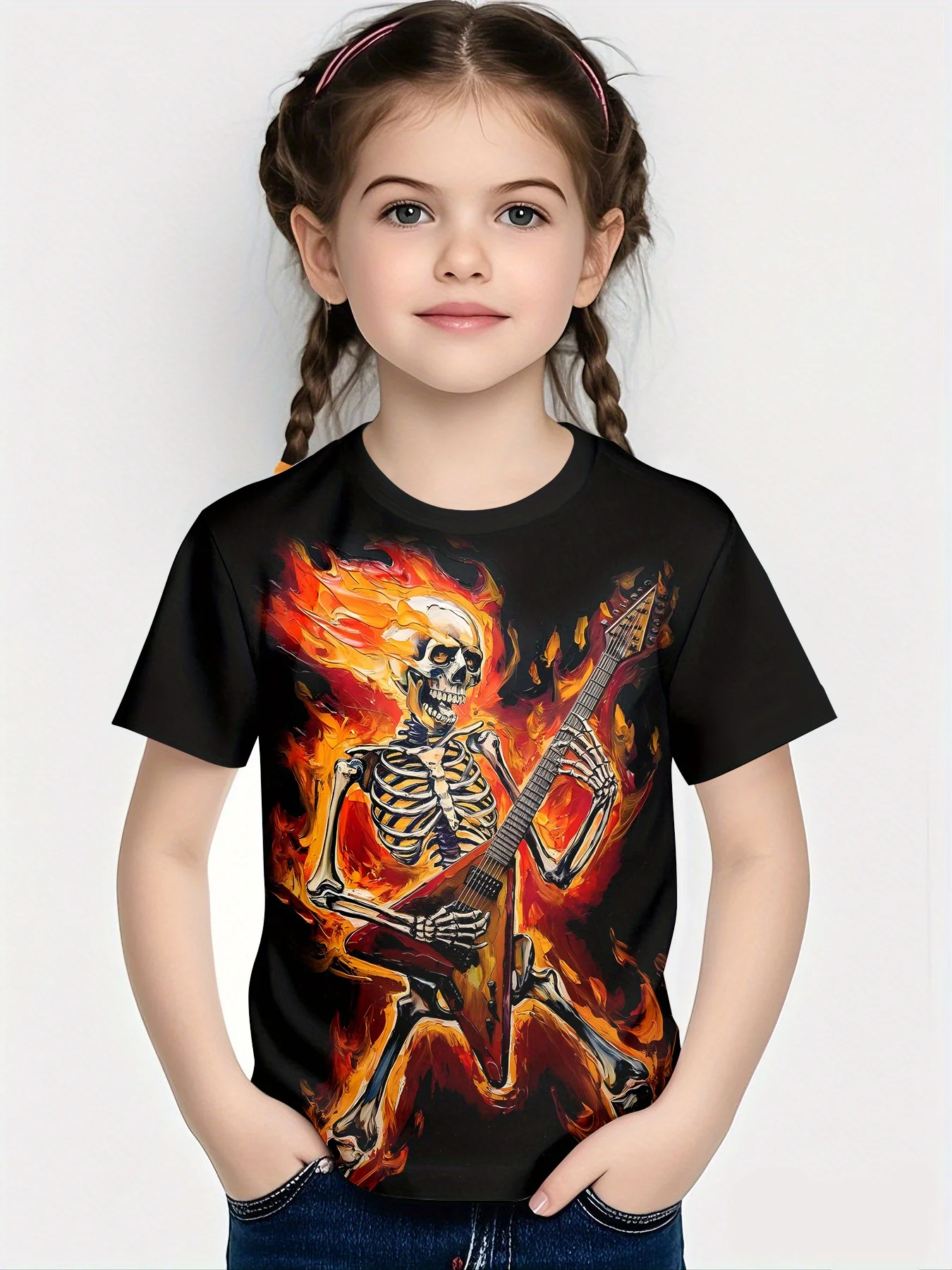 

Kids' Heavy Metal Graphic T-Shirt 3D Print Flame Skull Guitar Design Kids Girls Clothes Halloween Costumes Kids Casual Kids' Tee