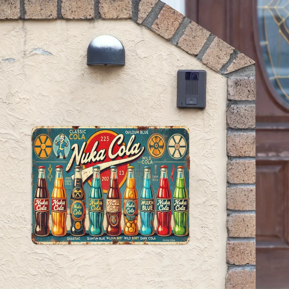(Pintura en estaño 2D) Letrero metálico vintage de Nuka Cola para pared - Decoración retro con diseño de refresco - Tema de juego clásico para el hogar, bares y cocinas - Duradero