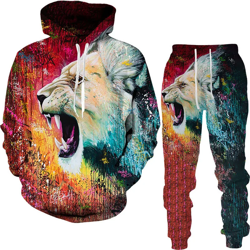 Conjunto de ropa deportiva para hombre y mujer, Sudadera con capucha y pantalones con estampado de Tigre/Lobo en 3D, chándal de 2 piezas, Otoño e Invierno