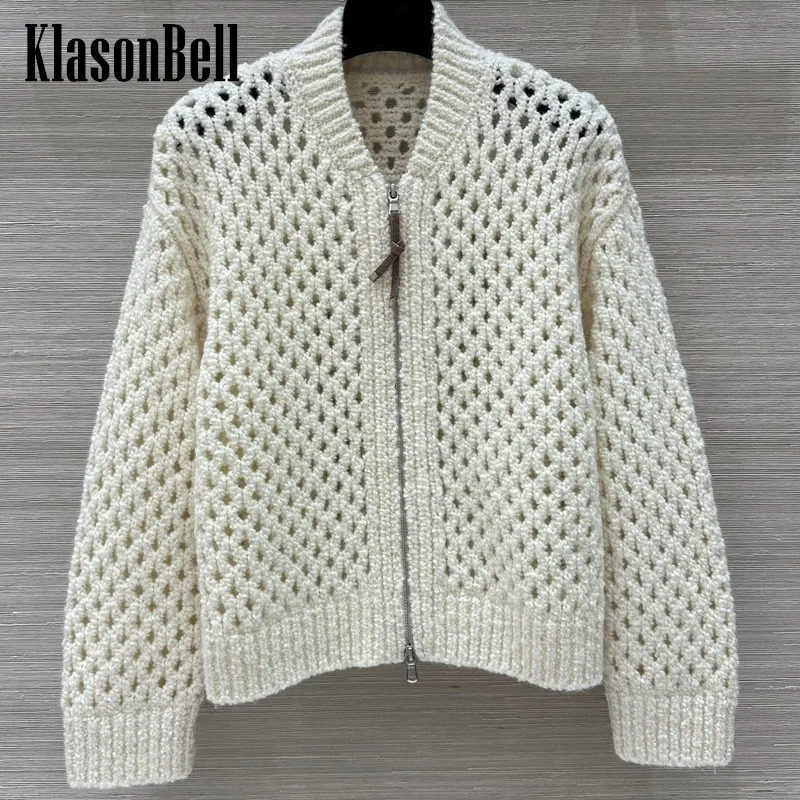 

9.8 KlasonBell Women Elegant Bead Chain Crochet Hollow Out Zipper Cardigan Soft Comfortable Wool Knit Long Sleeve Casual Coat