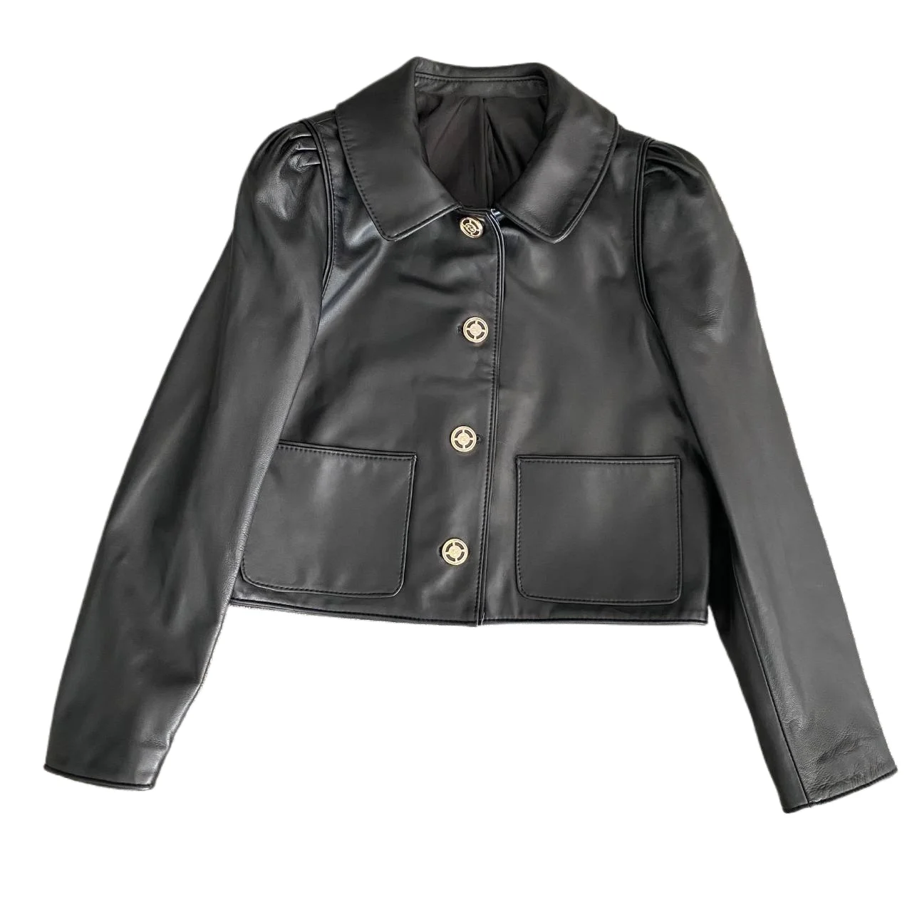 معطف Bla eepskin Jaet ذو ياقة دمية من الجلد الطبيعي للنساء لربيع وخريف معطف أنيق للتنقل بطول ort