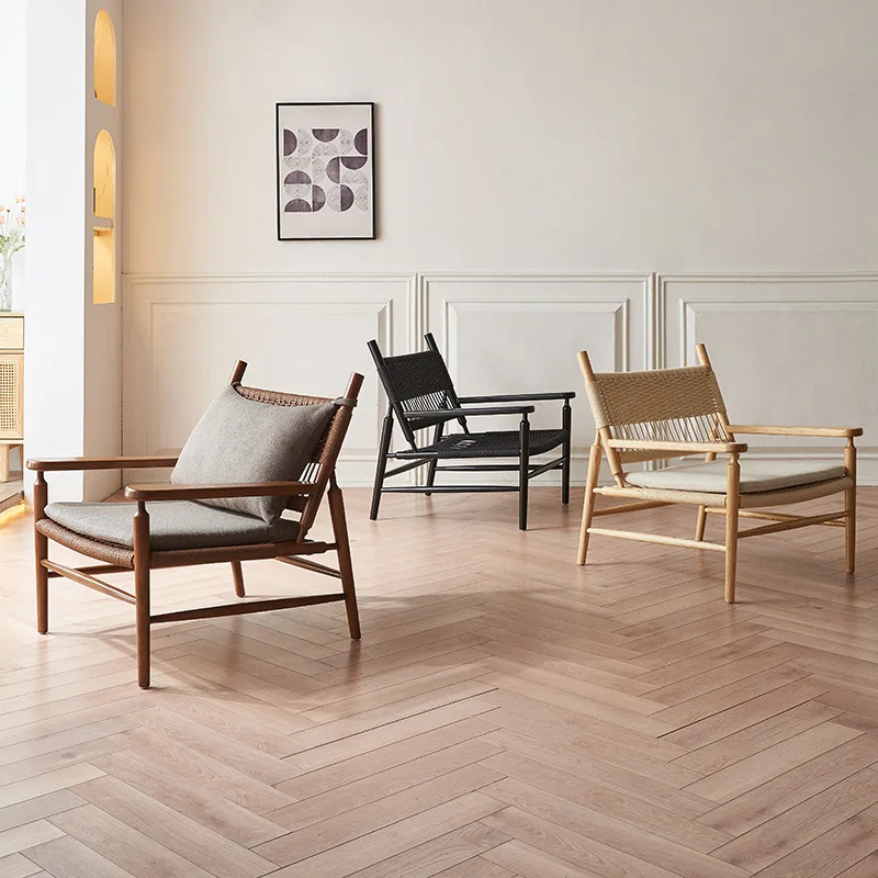 

Nordic rope back leisure chair household simple hemp rope solid wood sofa chair wabi sandy wind B & B balcony three-piece set