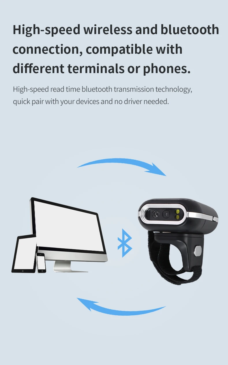 블루투스 휴대용 1D 2D 미니 포켓 사이즈 스캐너 링 웨어러블 무선 바코드 리더 (도서, 창고 재고, 택배용)