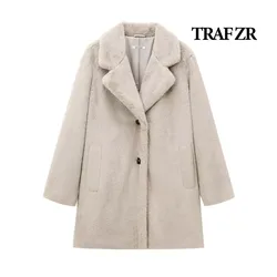 TRAF ZR Snow Parka Beige Faux Fur Long Parkas Warm Woman Winter Coats Vintage New in Outerwears Elegant Luxury Women's Coat