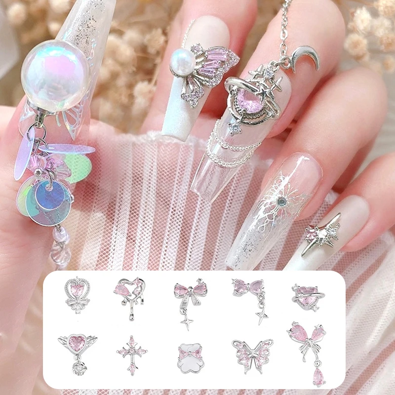 1Pc DIY Nail Art Decoration 3D Butterfly Chain Nail Art Charm Crystal Love Bow Nail Drill For Manicure Design Accessory