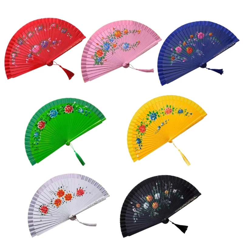 Decorative Spanish Hand Fan, Two Sided Colorful Painting Silk Dancing Fan for Dancing Enthusiasts and Fashion