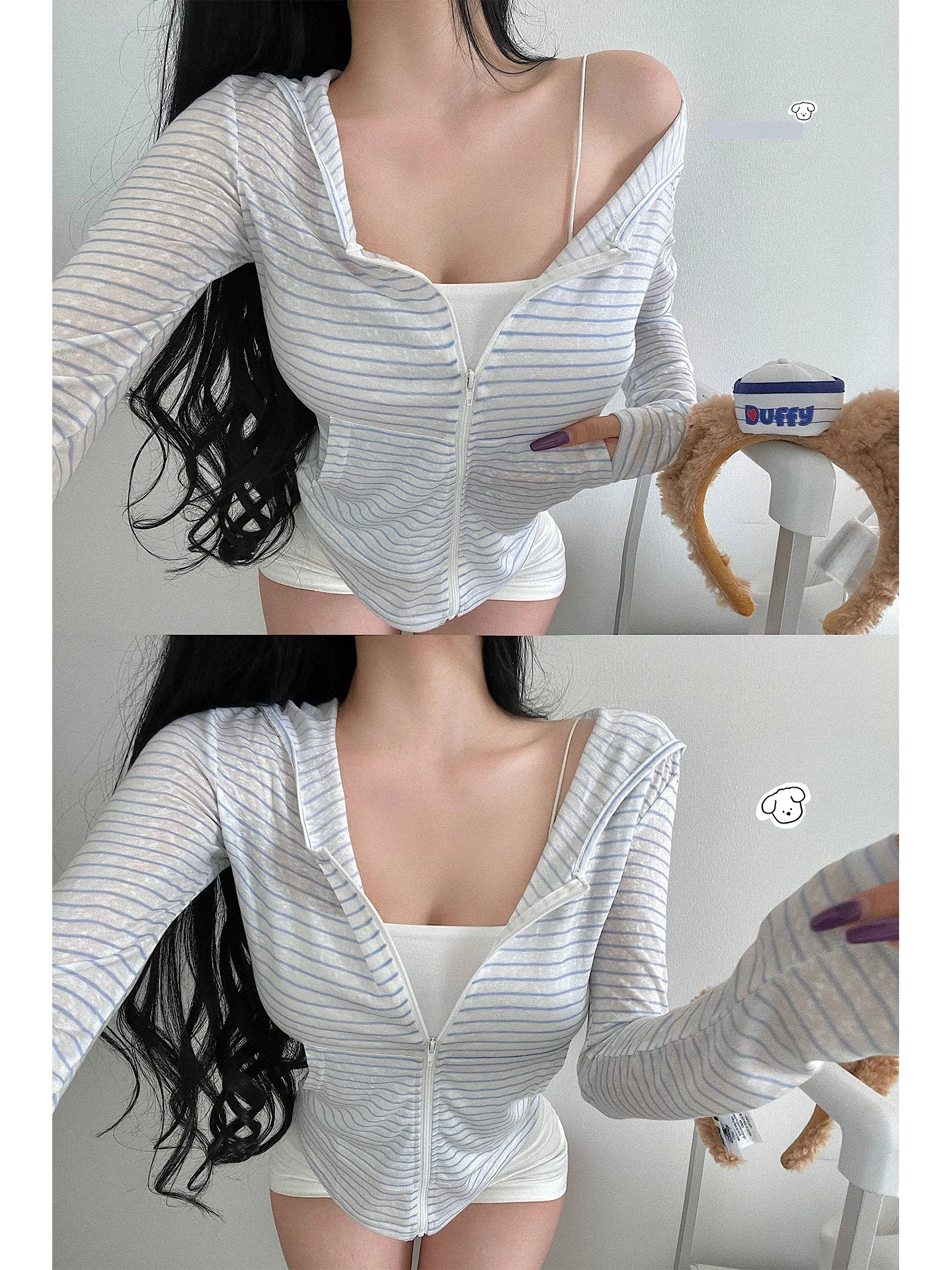 

Casual Stripe Thin Zipper Hooded Women's Jacket Lightweight Sun Protection Long Sleeve Shirt for Daily Wear Young Girl Day