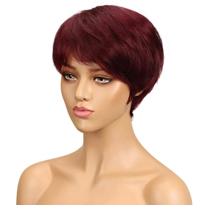 Short Red Wig Colored Human Hair Wigs Short Pixie Cut Wig Human Hair 99j Dark Red Human Hair Wigs with Bangs Full Machine Wigs