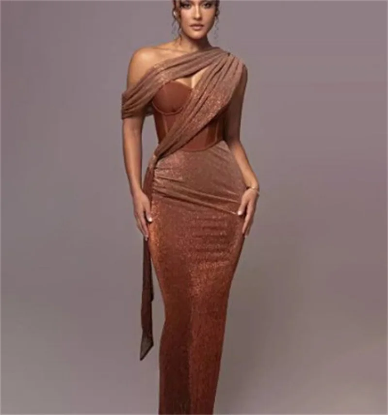 

Shiny Khaki Prom Dress With Stripe One Shoulder Sleeveless Ruffles Long Sheath Formal Wedding Guest Robes Party Bridal Gown