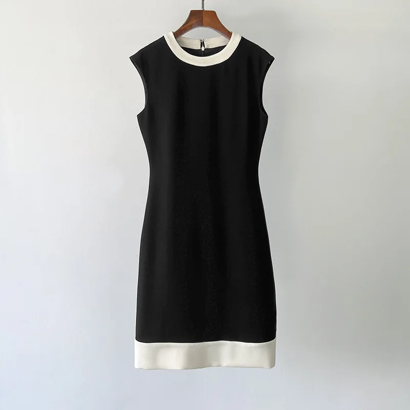 

Summer Contrast Patchwork Simple OL Dress Acetic Acid Blended Small Fragrant O Neck Comfortable Elegant Hip Black Female Dress