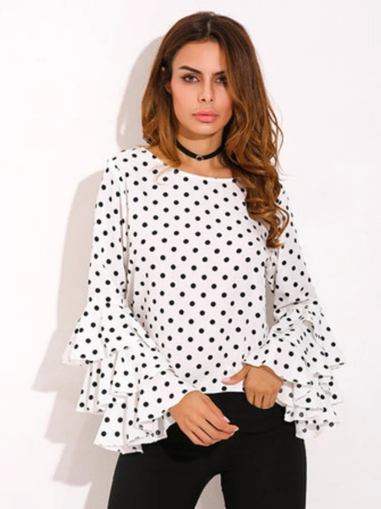 Tops y blusas de lunares de talla grande 5XL para mujer, pantalón informal, manga larga acampanada, cuello redondo, Túnica holgada para mujer,